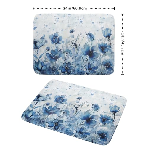 Blue Floral Dish Drying Mat for Kitchen Counter Watercolor Leaves Dishes Drainer Rack Mat Absorbent Microfiber Dish Draining Pad 18x24 Inch (Watercolor Blue Floral / 24" x 18")