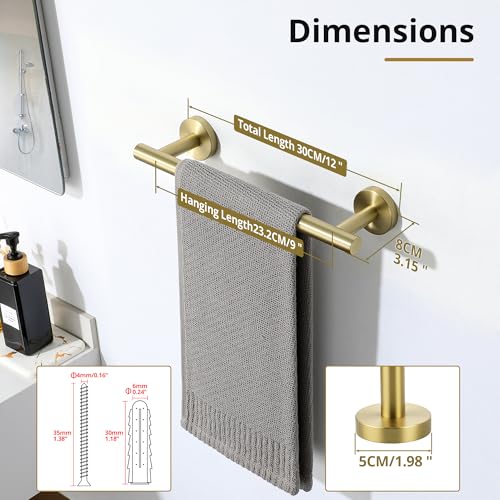 Brushed Gold Hand Towel Holder for Bathroom Wall (Brushed Gold / 12" (9" Hanging Length))