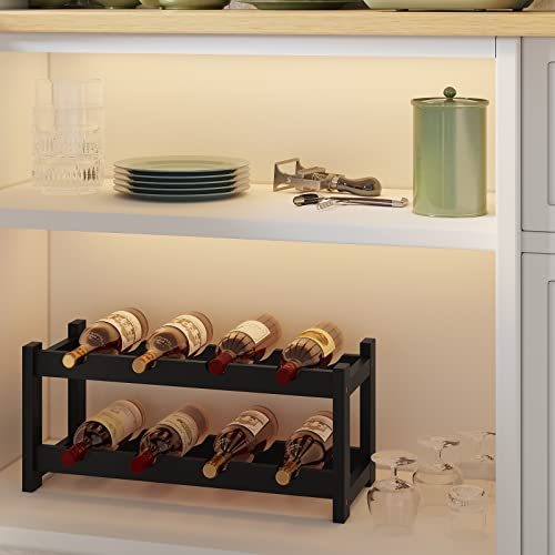 Wine Rack Freestanding 8 Bottle 2 Tier Bamboo Wine Racks Countertop Cabinet Wine Holder Wine Storage Shelf for Kitchen (2-tier-Black)