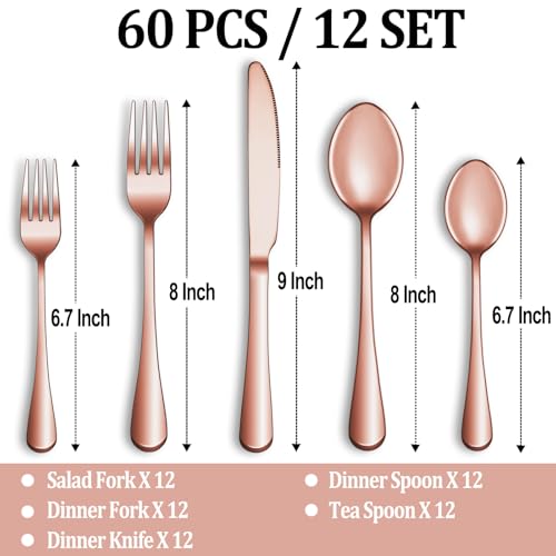 60 Pcs Rose Gold Silverware Set Service for 12 (Rose Gold)