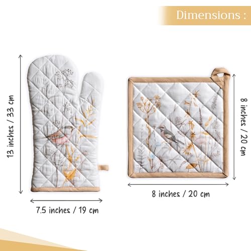 100% Cotton Oven Mitt & Pot Holder Set (088 - Meadow Florals - Beige / 7.5" x 13" & 8" x 8" (Oven Mitt & Pot Holder))