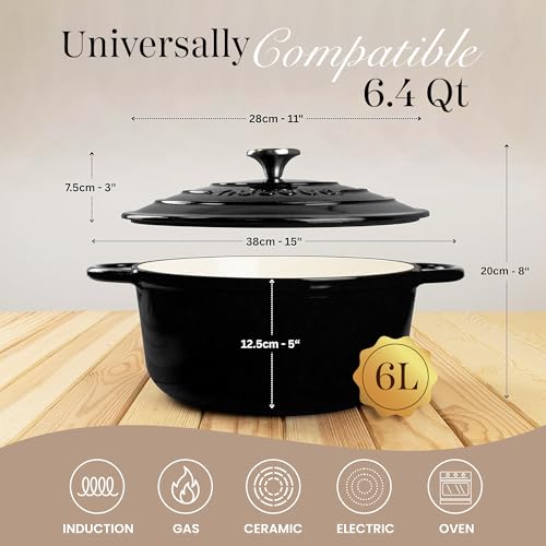Enamelled Cast Iron Dutch Oven Pot with Lid (Black / 6.4-Quart - Deep)