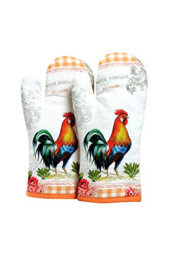 Oven Mitts Set of 1 Quilted Liner with Hanging Loop Non Slip (7x13 inches / Farm Rooster)