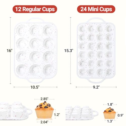 12 Cups & 24 Cups Silicone Muffin Pan with Metal Frame (White Confetti / Regular & Mini)