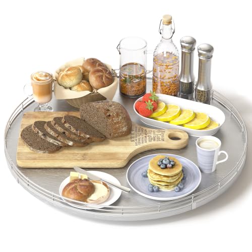 16 Inch Oak Lazy Susan Organizer with Silver Iron Rail (Silver / 16)