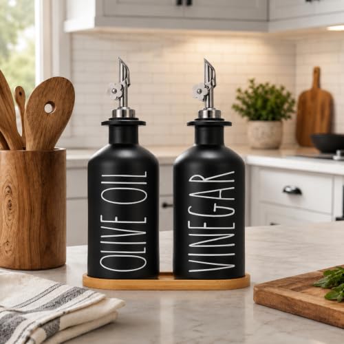 Premium Olive Oil Dispenser for Kitchen (Black+Tray / 11.8 fl oz)