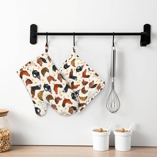 Rooster Hen Oven Mitts and Pot Holders Sets Silicone Rustic Domestic Animal Chicken Kitchen Mitts Potholders Heat Resistant 4Pcs Oven Gloves Hot Pads for Kitchen Baking Cooking BBQ Grilling (Rooster Hen)