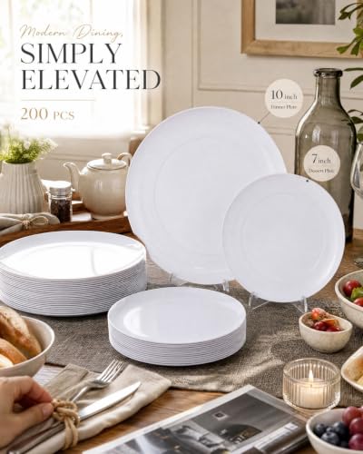 200 Pieces White Plastic Plates Disposable (White / 200 PCS)