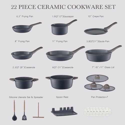 22 Piece Ceramic Cookware Set (Ash Gray)