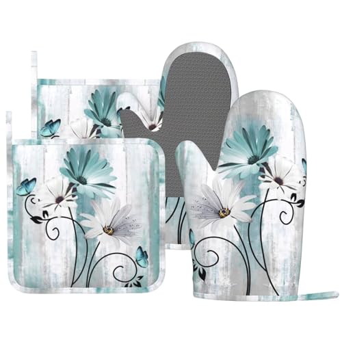 Teal Daisy Oven Mitts Pot Holders Set Silicone Heat Resistant Farm Teal Daisy Floral Flowers and Butterfly Oven Mitts and Hot Pads Potholders Non (Teal)