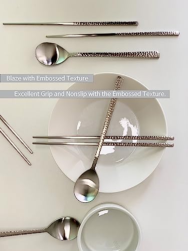 Korean Made Silver Glossy Hammered Stainless Steel Korean Spoon & Chopstick SET Gift for Mom Stocking Stuffer (4SET)