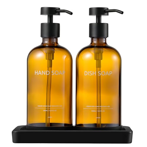 Glass Kitchen Soap Dispenser Set with Ceramic Tray (Amber Bottles + Black Pumps)