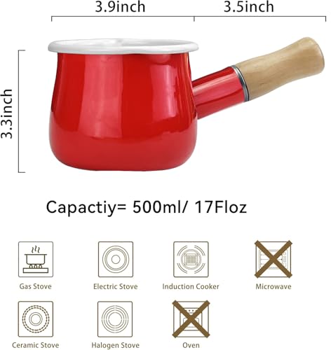 Mini Enamel Milk Pot 4 Inch 17 Oz Dual spout Small Pot (Red)