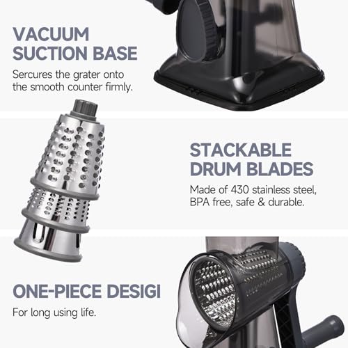 Rotary Cheese Grater with Handle Kitchen Shredder Slicer Grater Slicer Ice Shaver Cheese Vegetable Nuts Potato Zucchini Chocolate 3 Interchangeable Blades