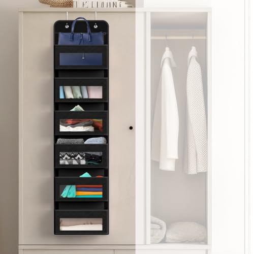 6 Clear Window Pocket Over Door Hanging Organizer (6 Pockets / Black)