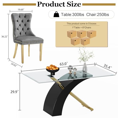 7 Piece Glass Dining Table Set for 6 (Black Table & Gold Grey Chair / 7-Piece Set-X-Shaped Table)