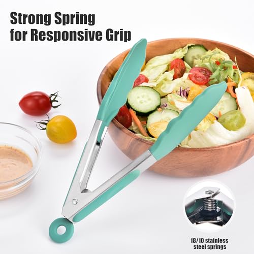 Kitchen Tongs with Silicone Tips for Cooking Serving (7in / Aqua Sky)