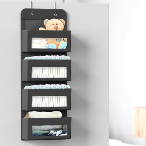 4 Clear Pocket Over Door Hanging Organizer (4 Pockets / Dark Gray)