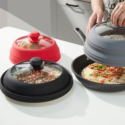 Microwave Splatter Cover Vented Glass Splatter Guard Lid with Collapsible Silicone for Food as Pot Cover Plate 9.8 inch Light Grey (9.8 inch / Light Grey Lid)