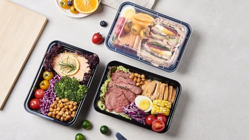 50 Pack Meal Prep Plastic Food Storage Containers With Lids 28 oz 1 Compartment Black Rectangular To Go Lunch Prepping Boxes BPA (28S-50)