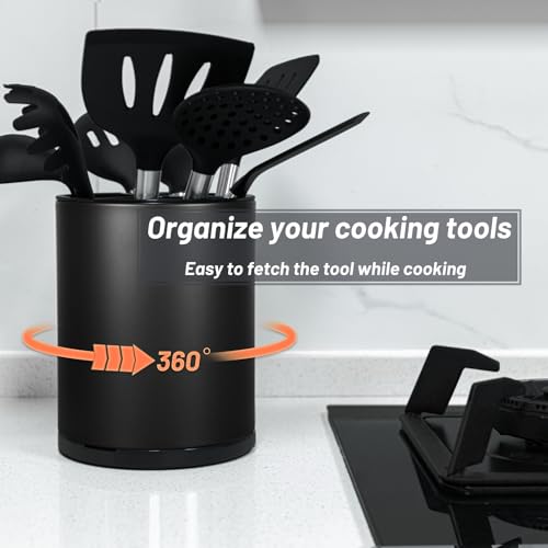Kitchen Utensil Holder for Countertop 360° Rotating Utensil Caddy Extra Large Utensil Crock Cooking Utensil Holder for Kitchen Counter (Black)