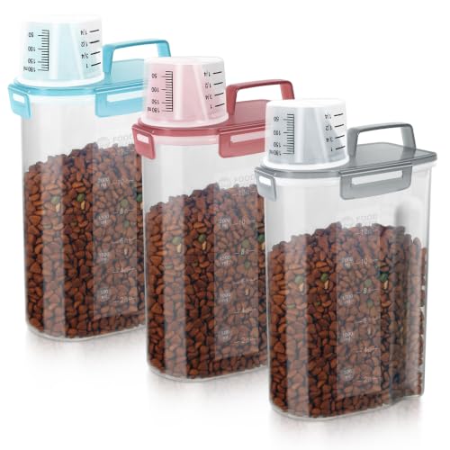 3 5Lbs Airtight Small Cat Dog Pet Food Storage Containers BPA (Clear Grey&Clear Blue&Clear Pink / 3L-3pack)