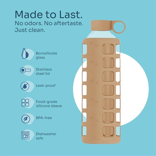 40oz / 32oz / 22oz / 12oz Borosilicate Glass Water Bottle with Time & Volume Markers, Silicone Sleeve, Stainless Steel Lid | Reusable Glass Bottle for Water & Juice (32oz Iced Coffee) (Iced Coffee / 32 Ounces)