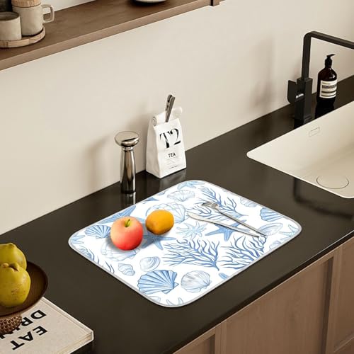 Nautical Coastal Dish Drying Mat for Kitchen Counter Absorbent Microfiber Small Summer Ocean Themed Seashell Coral Starfish Drying Pad Dish Mats for Kitchen Countertops 16 x 18 Inch (18" x 16")