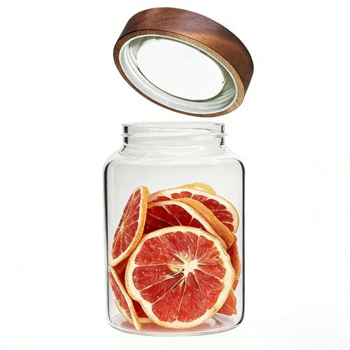Airtight Glass Jars with Wooden Lid Round Spice Jar Clear Glass Food Storage Jar Canister with Screw Lid for Coffee Ground Bean Candy Pantry Sugar Tea Cookies Bath Salts (1200ml/40oz-1pack-A)