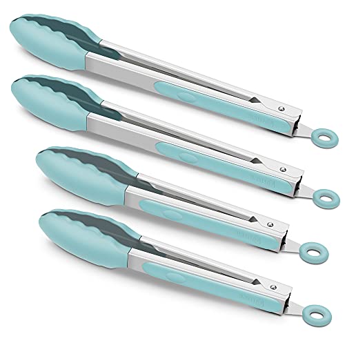 4 Pack Aqua Sky Silicone Kitchen Tongs Set (Aqua Sky)