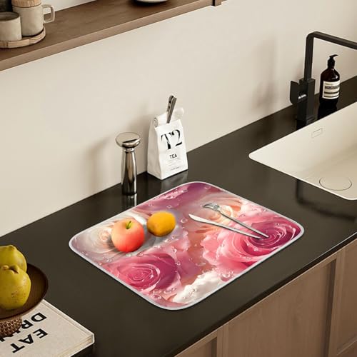 3d Pink White Roses Dish Drying Mat for Kitchen Counter Absorbent Microfiber Small Drying Pad Dish mats for Kitchen Countertops 16 x 18 Inch (Pink White Roses / 18" x 16")