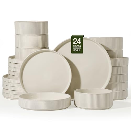 Stoneware Dinnerware Set with Pasta Bowls (Oat White / Service for 6 - Double Bowls)