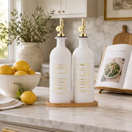 16oz Olive Oil Dispenser Bottles for Kitchen (White&Gold+Tray / 16 fl oz)