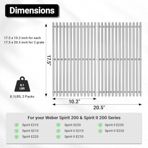 Spirit Grill Grates Stainless Steel 7637 for Weber Spirit E210 Grill Replacement for Weber Spirit 200 & Spirit GS4 II E210 Grill Parts for Weber Spirit Stainless Steel Grates 17.5" E210 E220 S210 S220 (17.5" x 20.51" -7637 Spirit 200 Front)