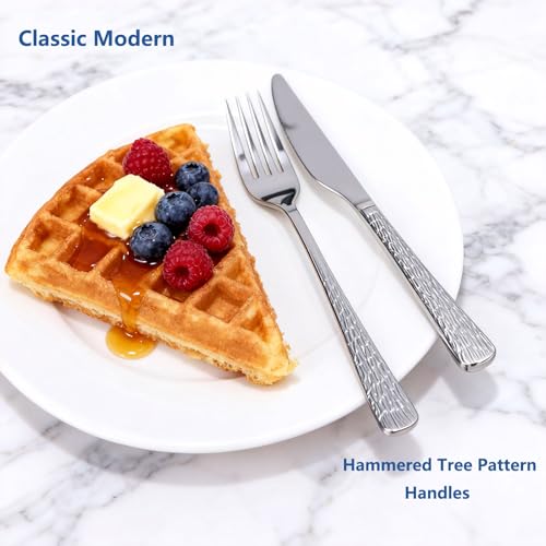 60Piece Hammered Silverware Set (60Pcs Tree Pattern Handles)