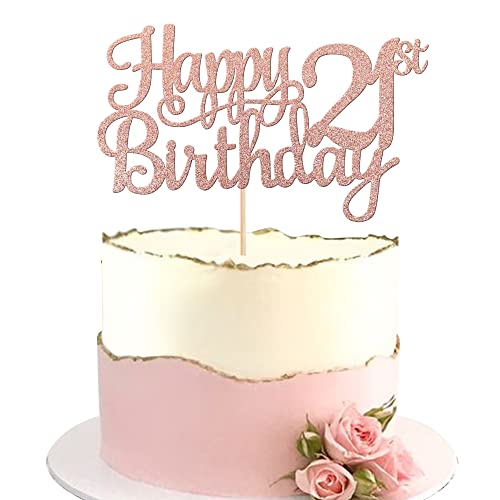 1 PCS Happy 21st Birthday Cake Topper Glitter Cheers to 21 Years Cake Pick Number 21 Fabulous Cake Decoration for 21st Birthday Theme Party Decorations Supplies Rose Gold