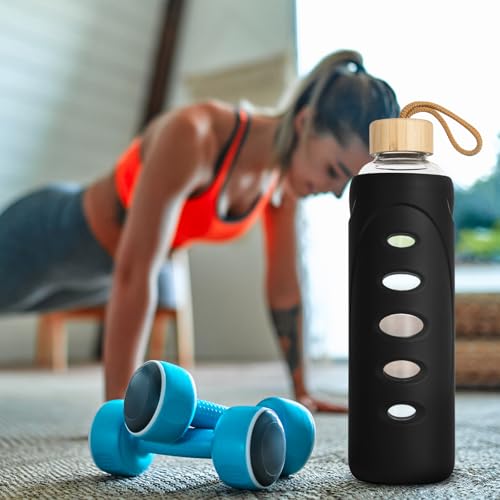 32 oz Narrow Mouth Glass Water Bottle with Windowed Silicone Sleeve (Black)