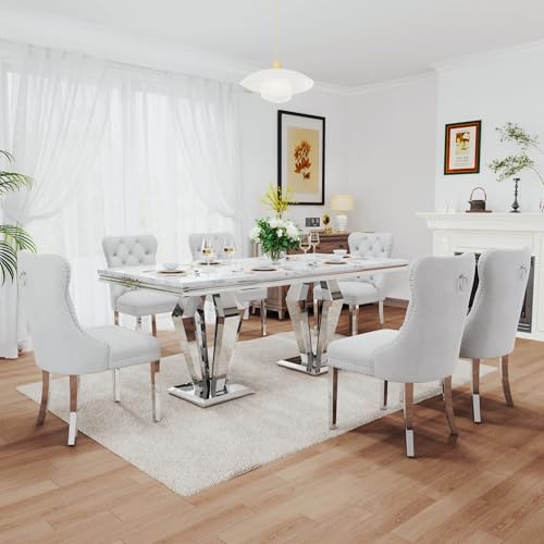 7 Piece Luxury Dining Room Set (Silver White + White / Dining Table + 6 Velvet Chair)
