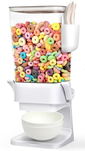 Cereal Dispenser Countertop with 2 Pack Bowls and Spoons 5.5 Qt (5.5Qt & White & 1pack)