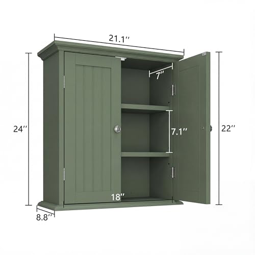 Bathroom Wall Cabinet with 2 Doors (Green / 8.8"D x 21.1"W x 24"H)