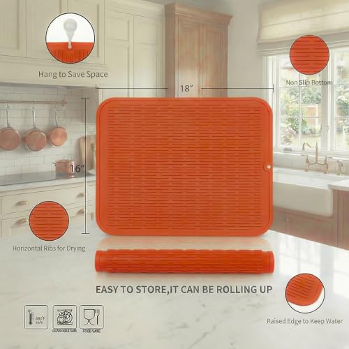 Silicone Dish Drying Mat for Multiple Usage (Orange / 18"L x 16"W)