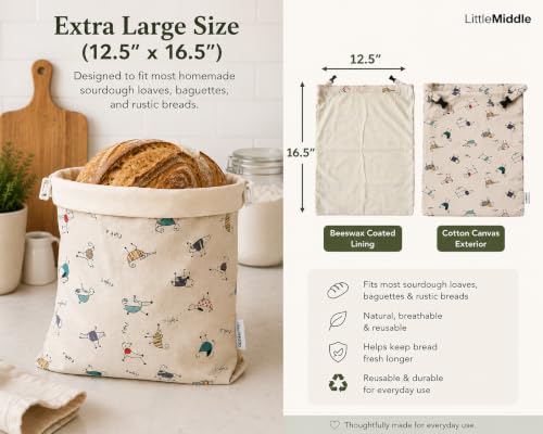 2 XL Beeswax Bread Bags for Homemade Bread (Cream with Dog Print)