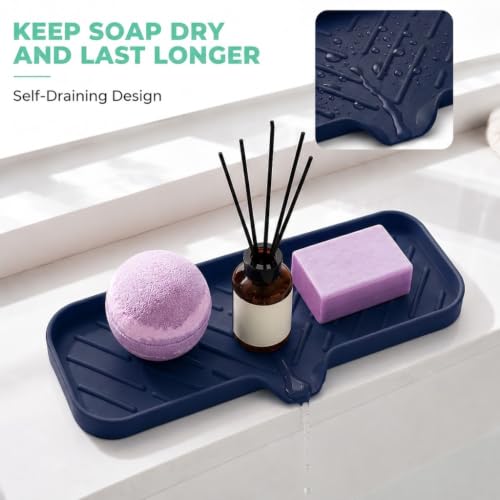 Silicone Soap Dish with Drain Spout (Navy Blue / L(12"×4"))