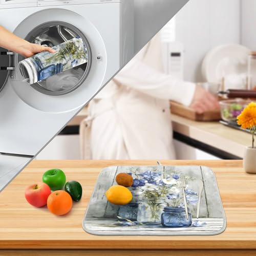 Vintage Blue White Flower Jars3 Dish Drying Mat for Kitchen Counter Absorbent Microfiber Large Drying Pad Dish mats for Kitchen Countertops 18 x 24 Inch (Vintage Flower Jars / 24" x 18")