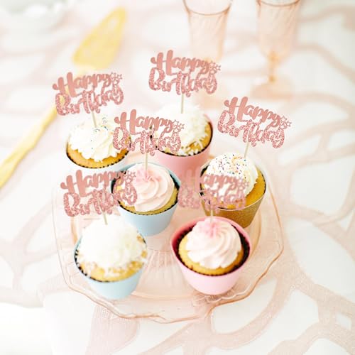 24Pcs Rose Gold Happy Birthday Cupcake Toppers for Baby Shower (24 Count)