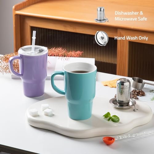 Sweejar Ceramic Tea Cup with Lid (Turquoise / Travel Cup(16 Fl Oz))