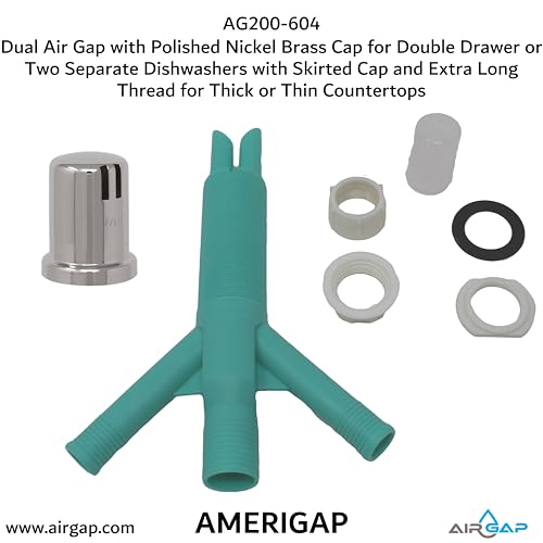 Dual Air Gap with Polished Nickel Brass Cap for Double Drawer or Two Separate Dishwashers with Skirted Cap and Extra Long Thread for Thick or Thin Countertops (AG200-604)