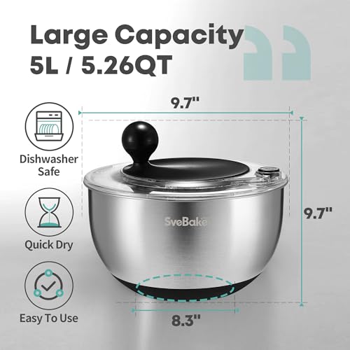5.3Qt Stainless Steel Salad Spinner with Stop Button (Black)