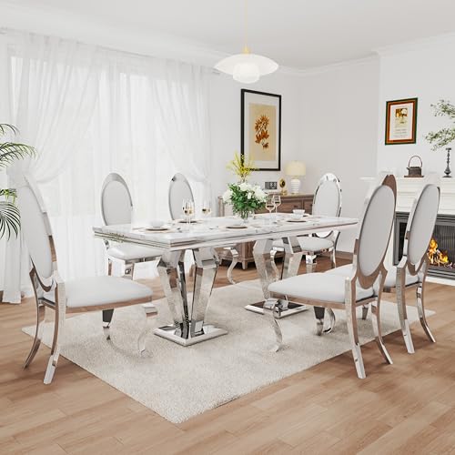 7 Piece Luxury Dining Room Set (Silver White + White / Dining Table + 6 Oval Chairs)