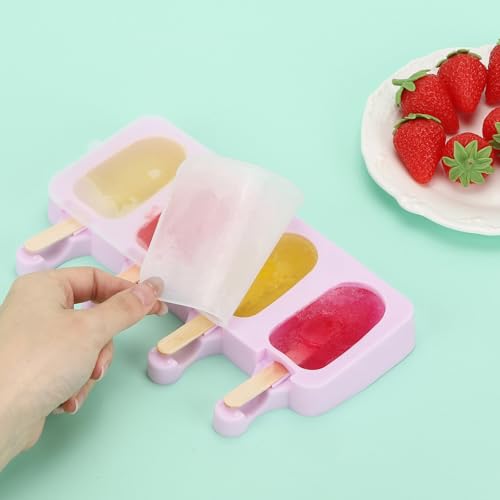 3 Set Violet Samll Popsicles Molds with Lids and 100 Pieces Wooden Popsicles Sticks (Violet / Small Size)